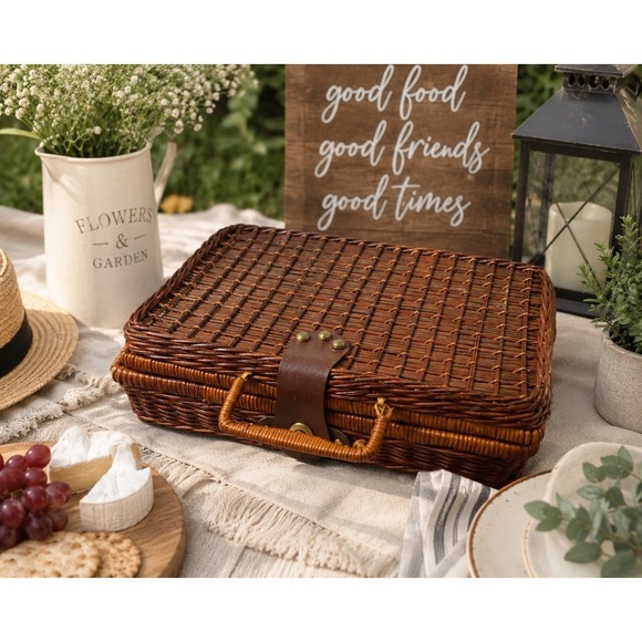 The Unbranded Brand Other - Vintage Style Wicker Picnic Basket Brown Lidded Storage Basket Carry Handle